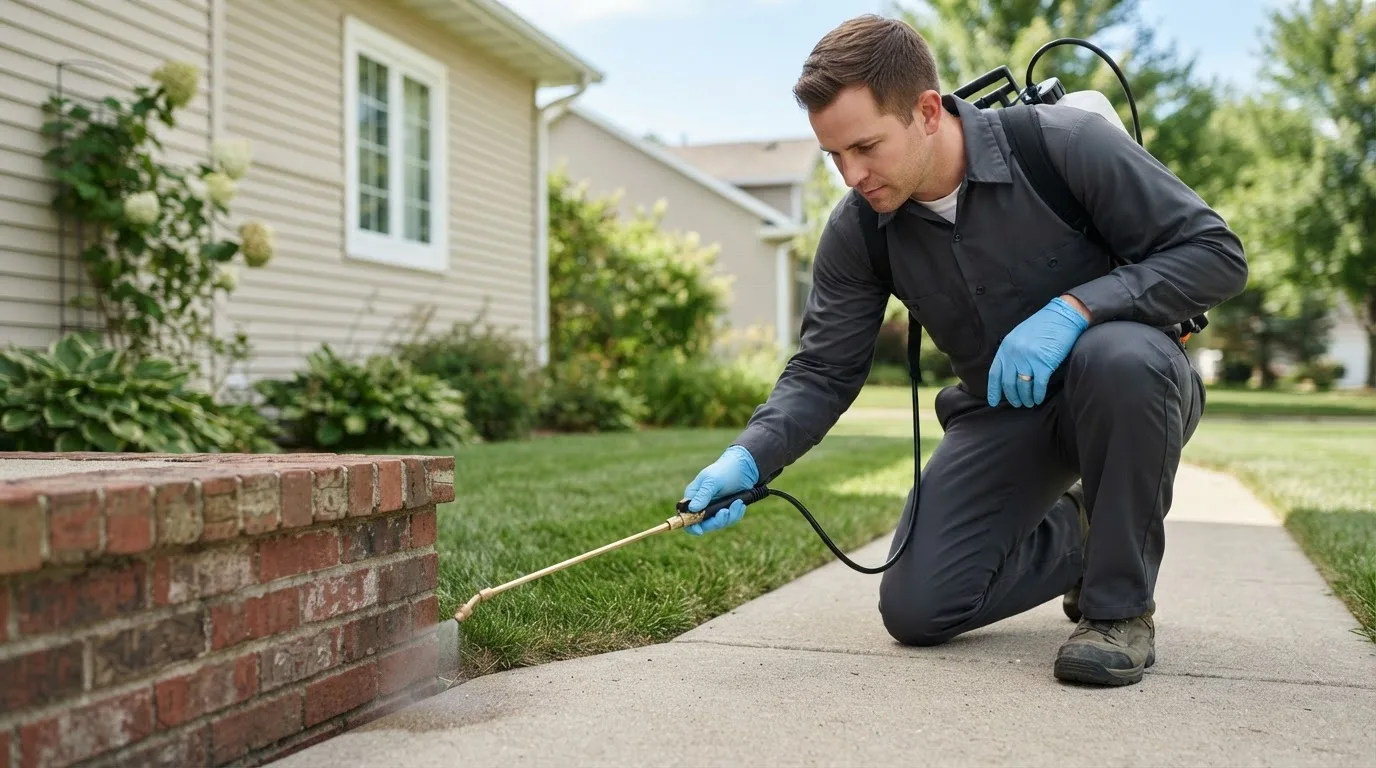 Pest control technician treating a home near Saint Stephen, MN